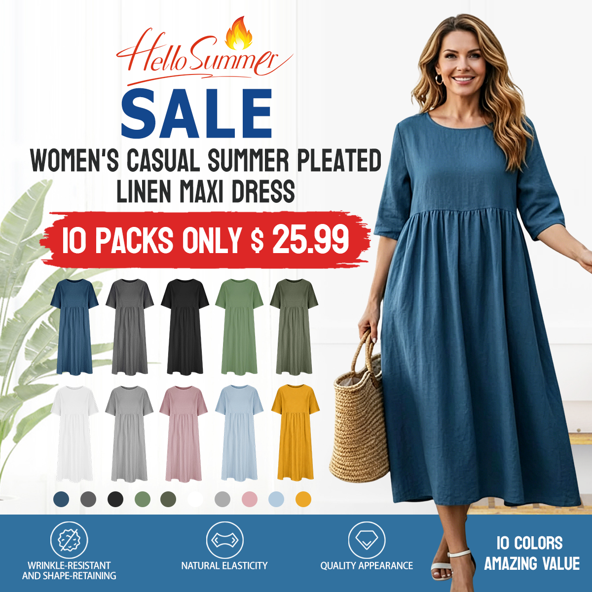 WOMEN'SCASUALSUMMERPLEATED    LINENMAXIDRESS