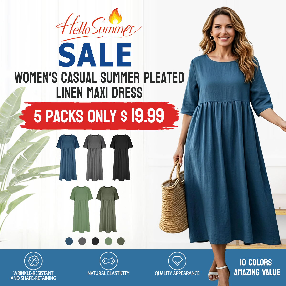 WOMEN'SCASUALSUMMERPLEATED    LINENMAXIDRESS