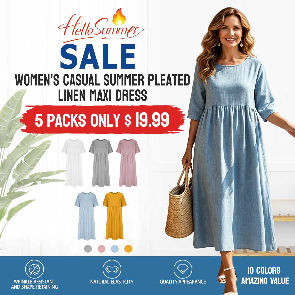 WOMEN'SCASUALSUMMERPLEATED    LINENMAXIDRESS